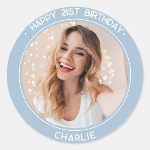 Modern Happy 21st Birthday Dusty Blue Photo Classic Round Sticker