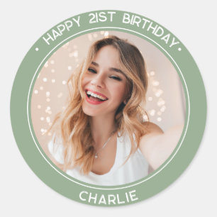 Modern Happy 21st Birthday sage green Photo  Classic Round Sticker