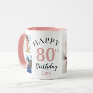 Modern Happy 80th Birthday 5 Photo Collage Pink Mug