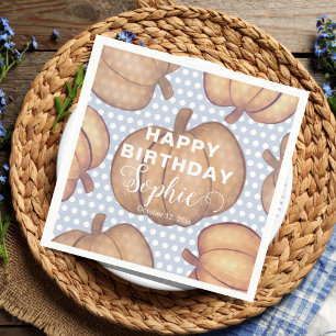 Modern Happy Birthday Blue & Orange Pumpkin Party  Napkin