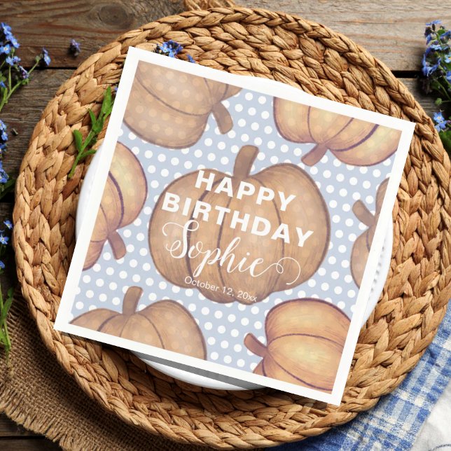 Modern Happy Birthday Blue & Orange Pumpkin Party  Napkin (Creator Uploaded)