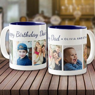 Modern Happy Birthday Dad 5 Photo Collage Blue Two-Tone Coffee Mug