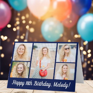 Modern Happy Birthday Photo Collage Navy Blue Card