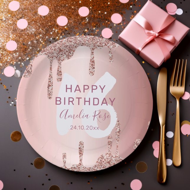 Modern Happy Birthday Rose Gold Glitter  Paper Plate (Creator Uploaded)