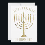 Modern Happy Chanukah Menorah Holiday Photo Card<br><div class="desc">Share your holiday wishes this Chanukah season with a unique personalised photo flat card. This festive design features a gold menorah on the front of the card. Above reads "Happy Chanukah" and a family name below which may be personalised. The back of the card features a family photo for you...</div>