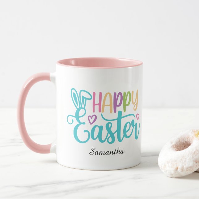 Modern Happy Easter Typography Customizable Name Mug (With Donut)