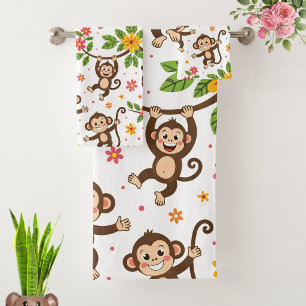Modern Happy Good Luck Monkeys on White Bath Towel Set