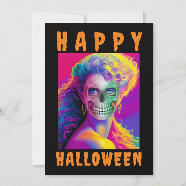 MODERN  HAPPY HALLOWEEN COLORFUL SKULL CUSTOM INVITATION (Front)