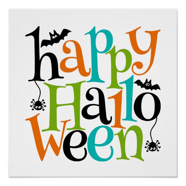 Modern Happy Halloween Typography Bats Spiders Poster (Front)