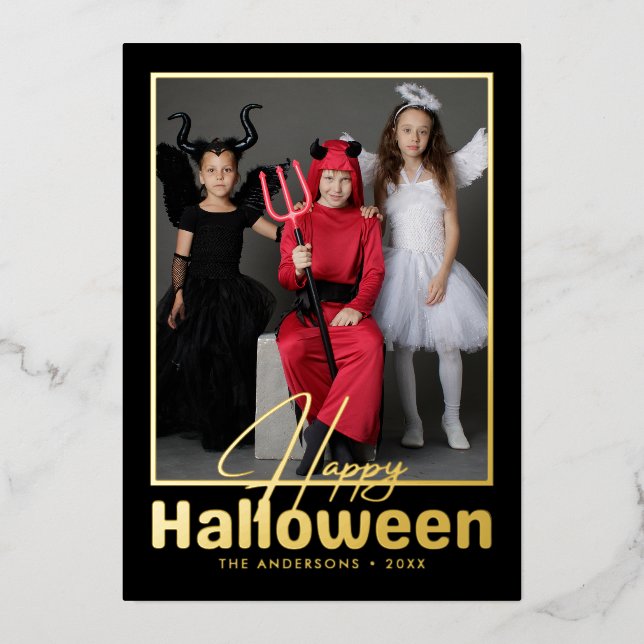 Modern  Happy Halloween Typography Photo Foil Holiday Card (Front)