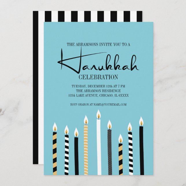 Modern Happy Hanukkah Candles Holiday Party Card (Front/Back)