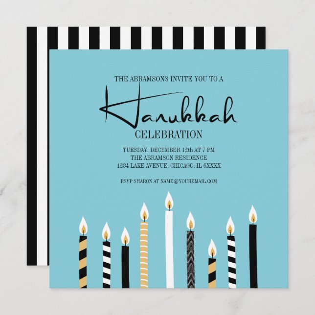 Modern Happy Hanukkah Candles Holiday Party Card (Front/Back)