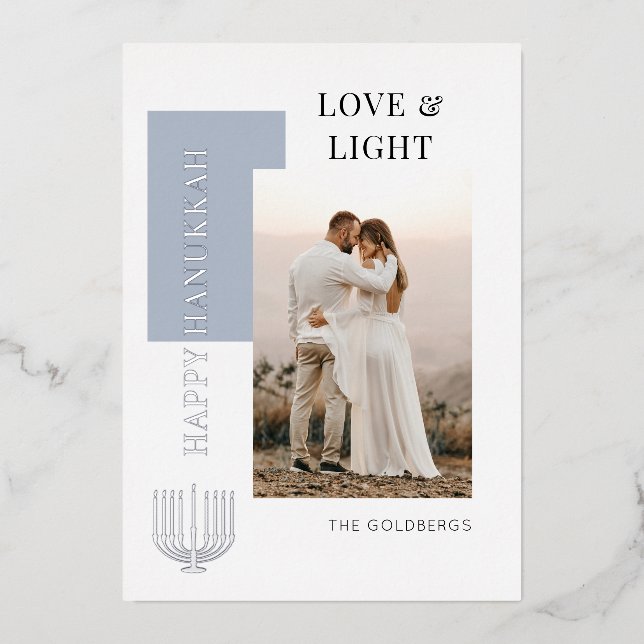 Modern Happy Hanukkah Love Light Photo Foil Holiday Card (Front)