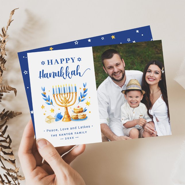 Modern Happy Hanukkah Peace Love and Latkes Photo Holiday Card (Creator Uploaded)