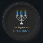 Modern Happy Hanukkah Silver Menorah on Black Paper Plate<br><div class="desc">These modern,  elegant Hanukkah paper plates feature a silver Menorah with blue and turquoise candles and yellow gold flames,  on a black background.</div>