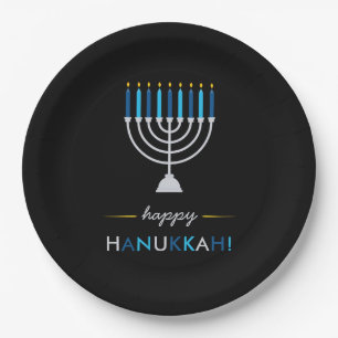 Modern Happy Hanukkah Silver Menorah on Black Paper Plate