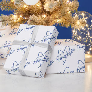 Modern Happy Hanukkah Typography Heart Wrapping Paper