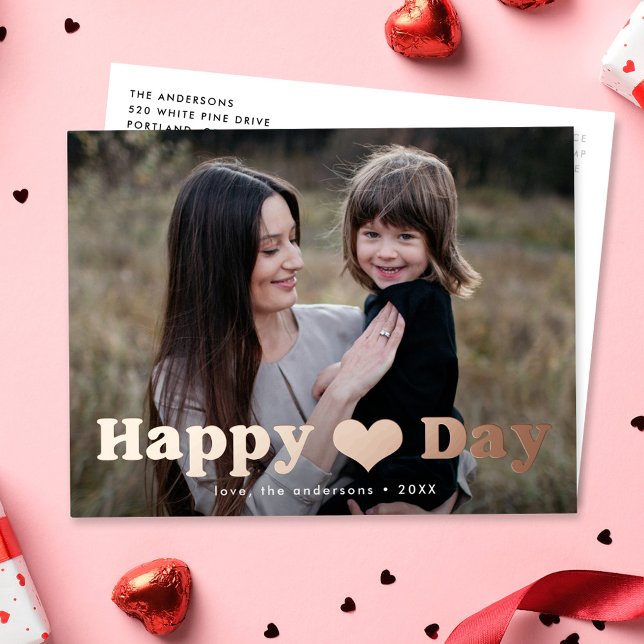 Modern Happy Heart Day Photo Valentine's Day Foil Holiday Postcard (Creator Uploaded)