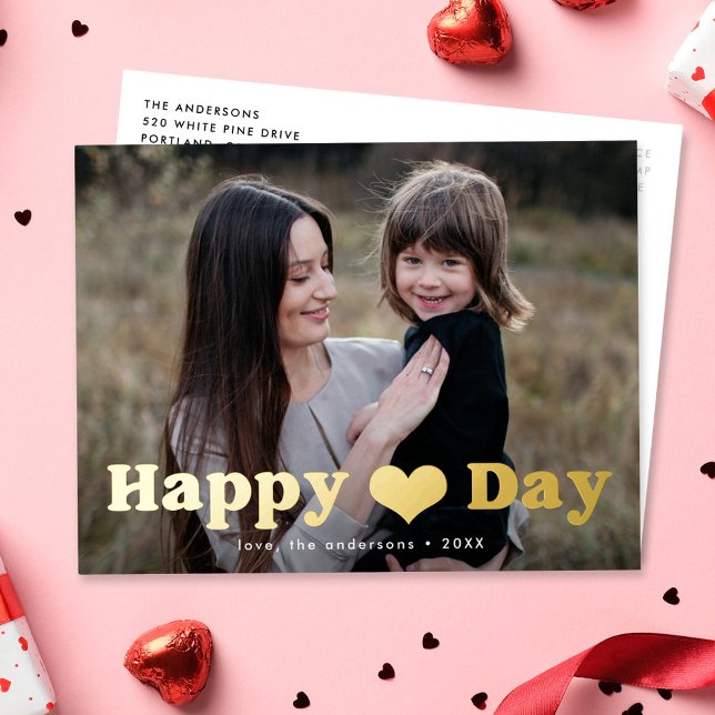 Modern Happy Heart Day Photo Valentine's Day Gold Foil Holiday Postcard (Creator Uploaded)