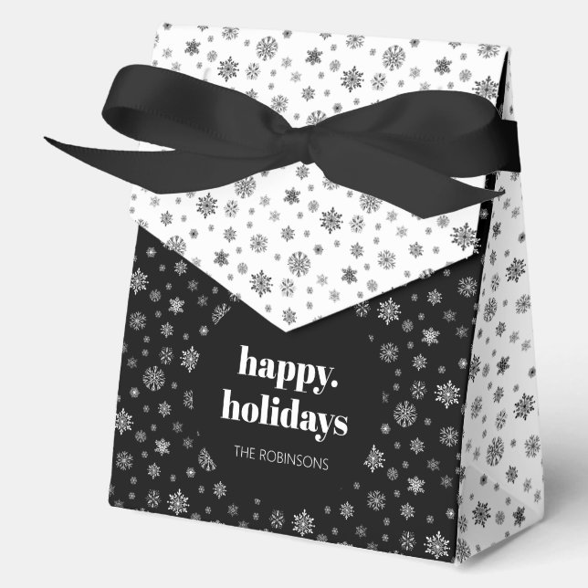 Modern Happy Holiday Black White Snowflake Pattern Favour Box (Front)