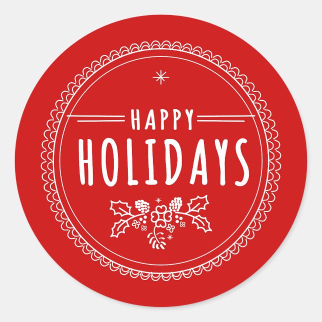 Modern Happy Holiday Round Red Christmas Sticker (Front)