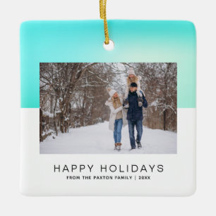 Modern Happy Holiday Two-Tone Aqua Blue Photo Ceramic Ornament