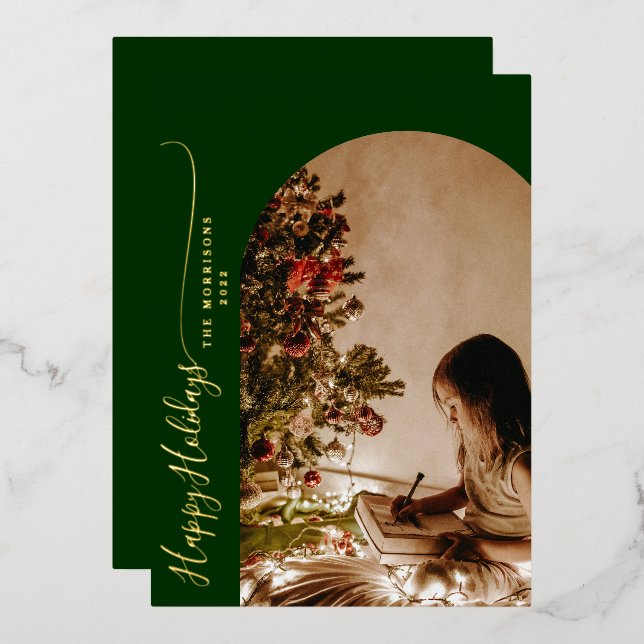 Modern Happy Holidays 2-Photo Christmas Foil Holid Foil Holiday Card (Front/Back)