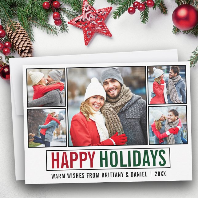 Modern Happy Holidays 5 Photo Holiday Card (Customize to add text to back of card.)