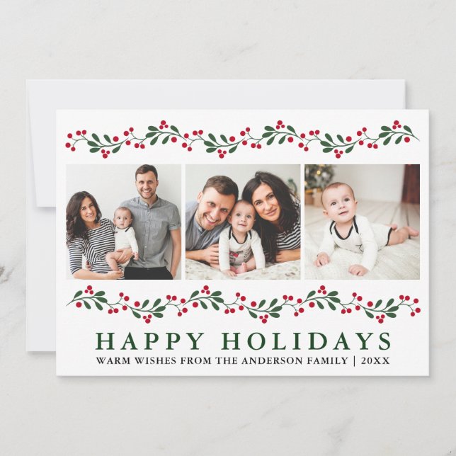 Modern Happy Holidays Berries Greenery 3 Photo Holiday Card (Front)