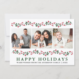 Modern Happy Holidays Berries Greenery 3 Photo Holiday Card