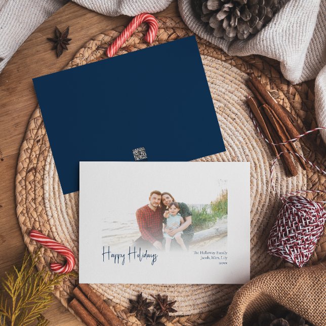 Modern Happy Holidays | Blue Faded Photo Holiday Card (Creator Uploaded)