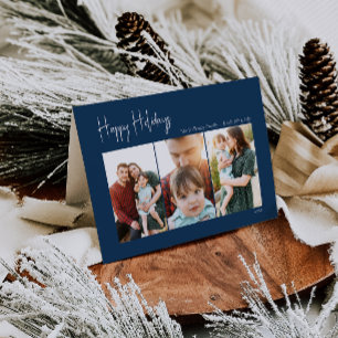 Modern Happy Holidays   Blue Folded Three-Photo Holiday Card