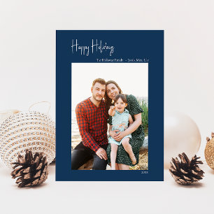 Modern Happy Holidays   Blue Vertical Single Photo Holiday Card