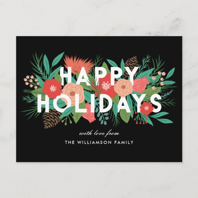 Modern Happy Holidays Bold Floral Family Name Holiday Postcard (Front)