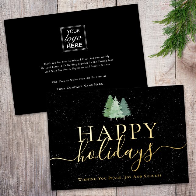 Modern Happy Holidays Business Logo Black & Gold F Foil Holiday Card (Happy holidays business logo woodland snow black and gold foil holiday card)