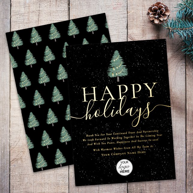 Modern Happy Holidays Business Logo Black & Gold Foil Holiday Card (Modern elegant happy holidays corporate logo black & gold foil business holiday card)
