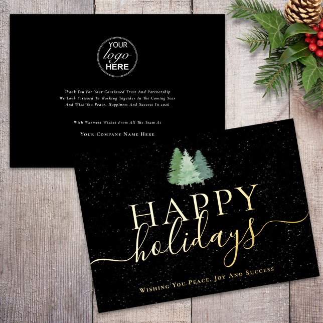 Modern Happy Holidays Business Logo Black & Gold Foil Holiday Card (Modern happy holidays company logo business employee snowy evergreen woodland black & gold foil card)