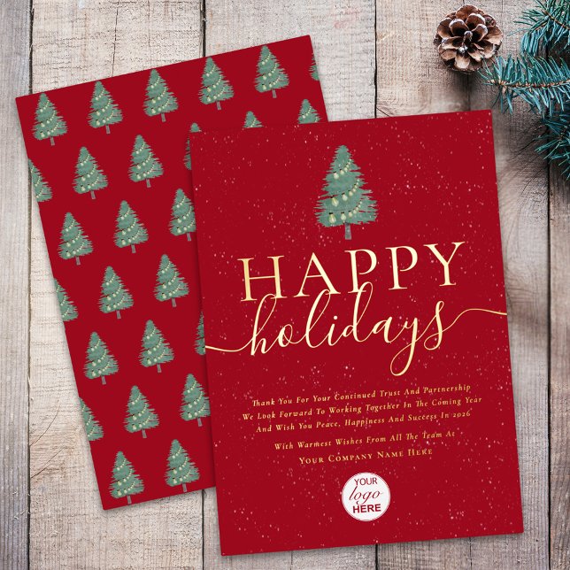 Modern Happy Holidays Business Logo Green & Gold Foil Holiday Card (Modern elegant Happy holidays christmas tree & lights corporate logo red & gold foil business card)