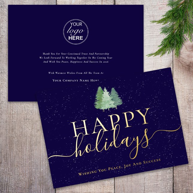 Modern Happy Holidays Company Logo Navy Blue Gold Foil Holiday Card (Modern happy holidays woodland snow company logo navy blue and gold foil business holiday greetings )