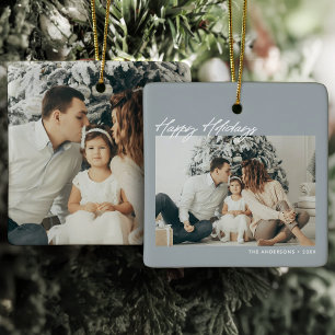 Modern Happy Holidays Custom Message 2-Photo Ceramic Ornament