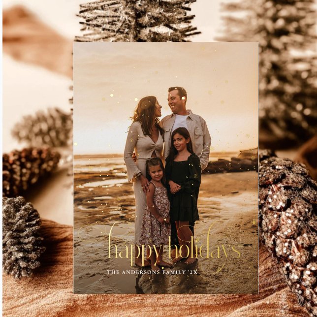 Modern Happy Holidays Family Photo plaid Tartan Foil Holiday Card (Creator Uploaded)