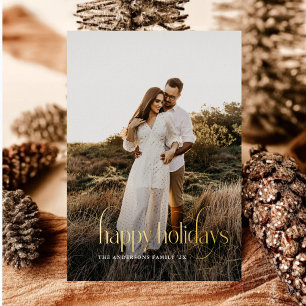 Modern Happy Holidays Family Photo plaid Tartan Foil Holiday Card