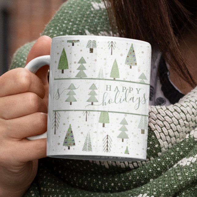 Modern Happy Holidays Forest Trees Sage Green Coffee Mug (Creator Uploaded)