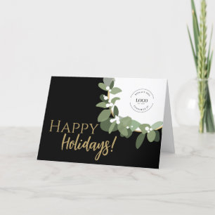 Modern Happy Holidays Gold black Wreath Your Logo Holiday Card