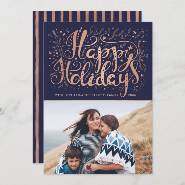 Modern Happy Holidays Gold Foil (Faux) Photo Holiday Card (Front/Back)