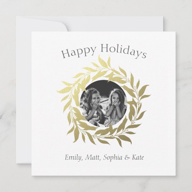 Modern Happy Holidays Gold Foil Wreath Photo Holiday Card (Front)