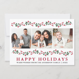 Modern Happy Holidays Greenery Berries 3 Photo Holiday Card