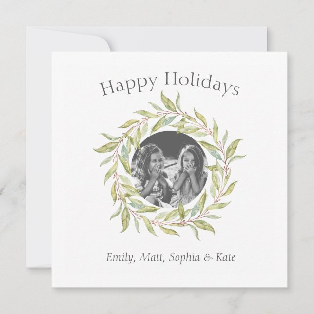 Modern Happy Holidays Greenery Wreath Photo Holiday Card (Front)