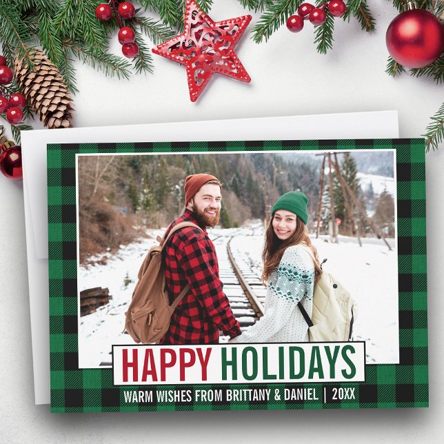 Modern Happy Holidays Photo Green Plaid Holiday Card (Customize to add text to back of card.)