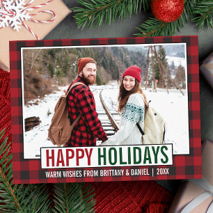 Modern Happy Holidays Photo Red Plaid Postcard